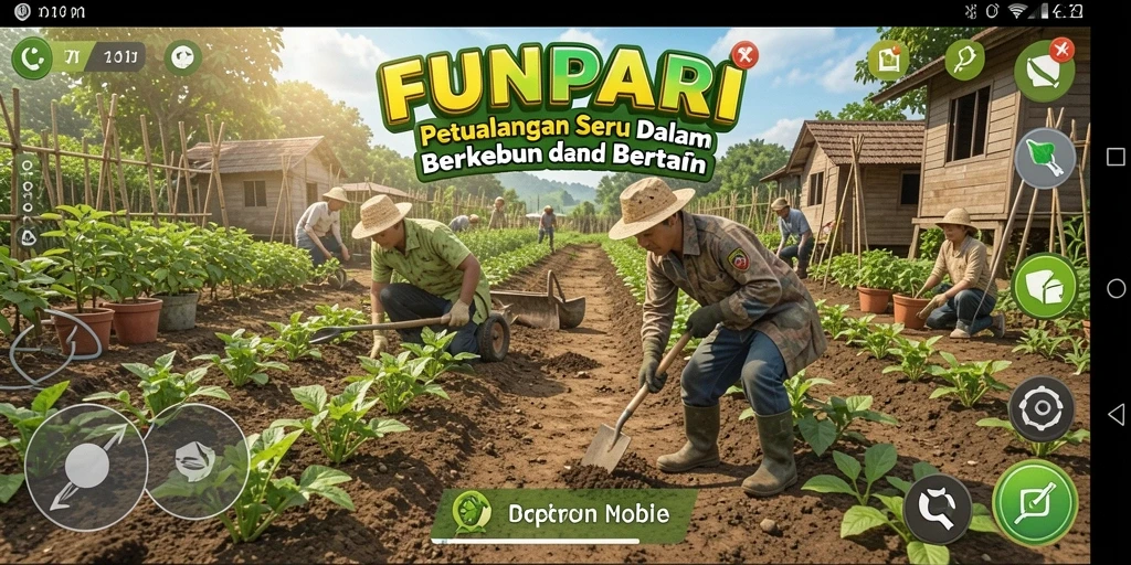 Tampilan gameplay berkebun di FUNPARI dengan berbagai tanaman dan ternak.