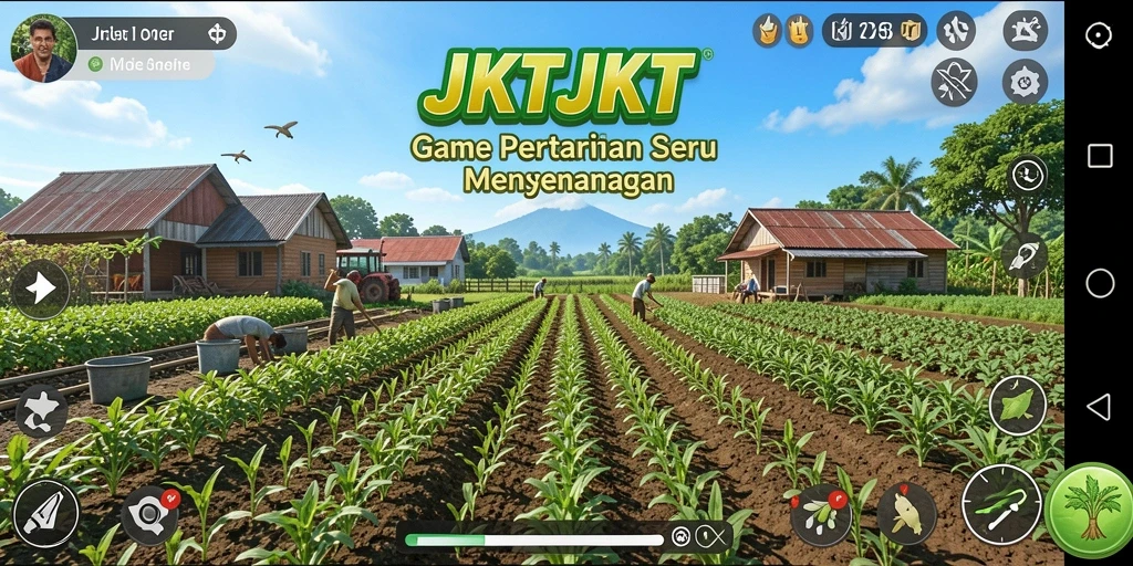 Screenshot gameplay JKTJKT menampilkan ladang subur dan tanaman yang beragam.
