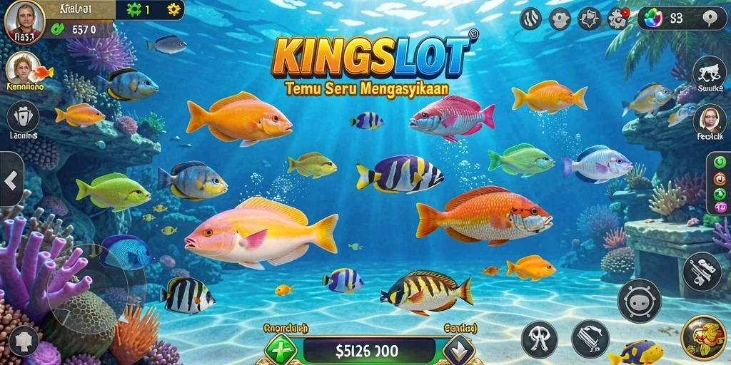 Screenshot gameplay KINGSLOT yang menunjukkan aksi menembak ikan.